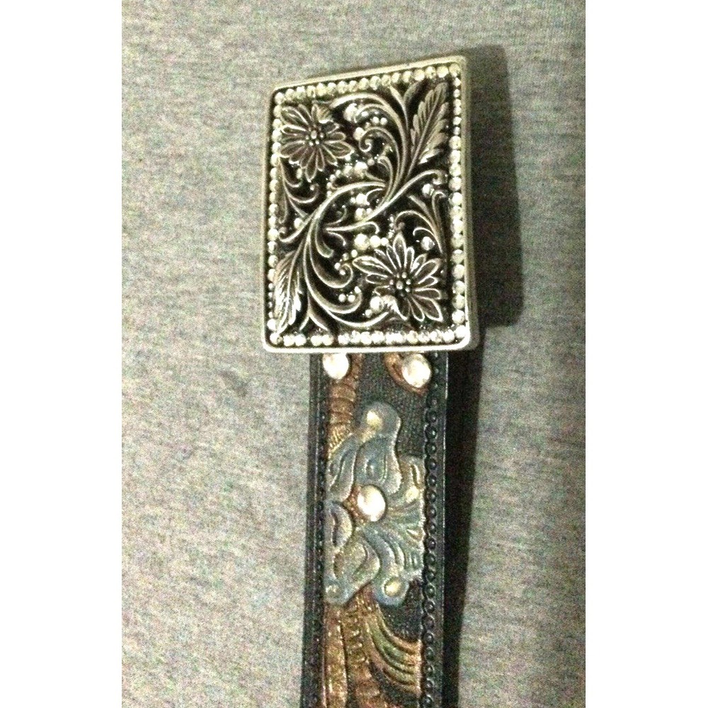 Studded Western Leather Belt Rhinestone studded Buckle multicolor small 36.5"